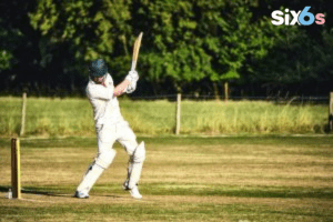 Batsman Palying World Cup with a bat wicket placed behind him